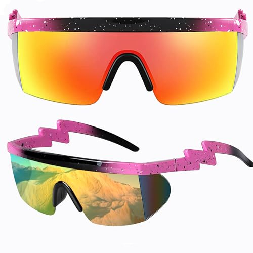 Schnelle Brille Fahrradbrille,Neon-Sonnenbrille Herren Damen UV400 Schutz,Rave Partybrille Halbrandlose Sportbrille Rennrad Brille,Retro-Zickzack-Sonnenbrille für Party Outdoorsport Radfahren Laufen