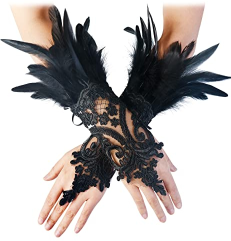 keland Damen Schwarz Feder Spitze Fingerlose Lange Handschuhe für Hochzeit Halloween Maleficent Kostüm (Schwarz-01)