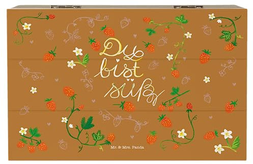 Mr. & Mrs. Panda 19 x 12 cm Holzkiste Erdbeeren Süß - Geschenk, Frühlings Deko, Kompliment, Aufbewahrungsbox, positive Botschaft, Naturliebhaber,