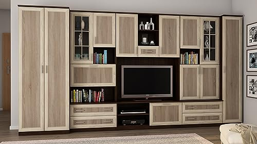 e-Meblast Wohnwand CYKLON - Schrankwand - Vitrinen - Hängeschrank - Wohnzimmer - Klassisches Design - Elegant Möbel - Wohnzimmerschränke - BxHxT 400x210x53-4 Schränke - TV-Lowboard - Anbauwand