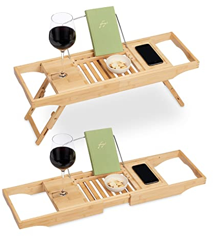 Relaxdays Badewannenablage Bambus, ausziehbar 70-108 cm, Badewannenbrett mit Füßen, Buchstütze & Weinglashalter, Natur