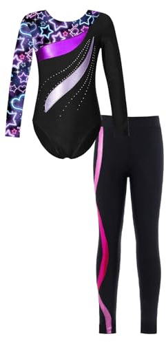 Freebily Body da Ginnastica Artistica Bambina con Leggings Sportivi Strass Leotard a Maniche Lunghe Abito da Danza Classica Moderna Jazz Tuta da Balletto Ballo Latino Nero&Rosa scuro 11-12 anni