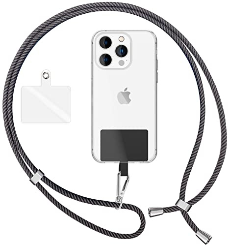 NALIA Bunte Universal-Kette mit Pad, Band für Handy-Hülle zum Umhängen | Grau Schwarz