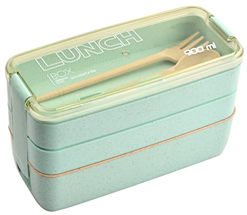 Boite Repas 900ml, Bento Lunch Box Étanche, Repas Boîtes avec 3 Compartiments et Couverts, Boîte à Déjeuner Adultes Enfants, Boîte à Lunch Réutilisables, Micro-ondable (Vert)