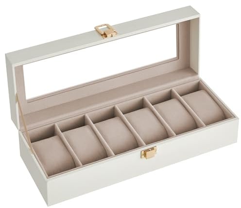 SONGMICS Porta Orologi a 6 Posti, Scatola Portaorologi, Coperchio in Vetro, Cuscini Rimovibili, Chiusura in Metallo, Idea Regalo, Superficie in PU Bianco Nuvola, Interno Beige Cappuccino JWB006W01