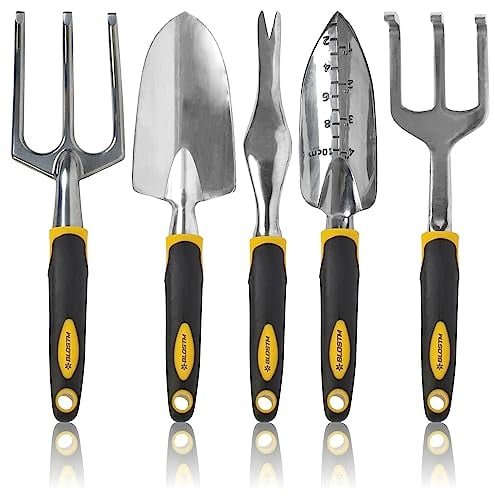 BLOSTM Set di Attrezzi Giardinaggio - Set Giardinaggio da 5 Pezzi Robusto Attrezzi da Giardino Manici Ergonomici, Set di Cazzuola e Forchetta da Giardino Antiruggine Kit Giardinaggio Donna e Uomini