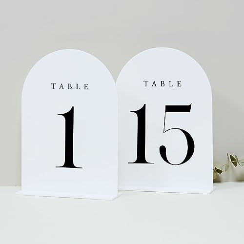 JINMURY White Arch Acryl-Tischnummern 1–15 mit Ständer, 12,7 x 17,8 cm, weißer Bogen, Acrylschild und Halter, Hochzeitstischnummern für Empfang, Tafelaufsatz, Veranstaltung (weiße Tischnummern 1–15,