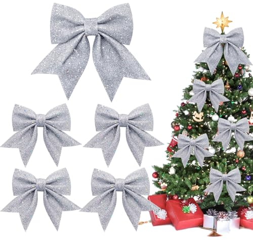 Shining She 5 PCS Arcs de Noël Argenté Pailletés, Grand Noeuds de Noël, Noeuds Pailletés pour Couronnes de Noël, Guirlandes, Décorations d'arbres