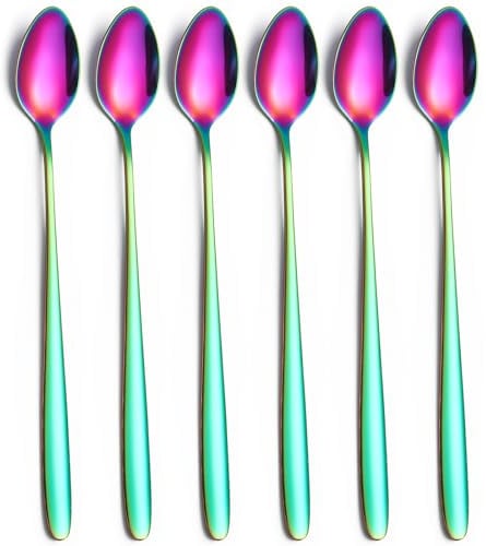 tiokin Latte Spoons Long Handle Teaspoons Set of 6 Stainless Steel 7.8Inches Tea Spoon Mixing Stirring Spoon for Coffee Espresso Iced Tea Milk Shake Ice Cream Sundeas Cool Drinking Set of 6(Rainbow)