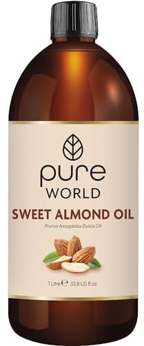 Pure World Sweet Natural Almond Oil 1 Litre, 1000ml Pure and Undiluted. Cold & Freshly Pressed Premium Quality Almond Oil – Message, Skin, Nails, Body and Face, Edible Vegan.