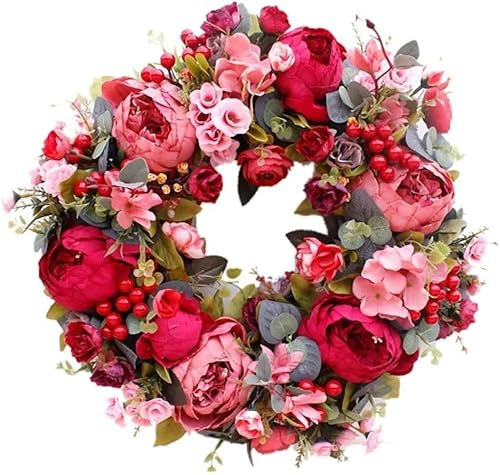Türkränze for den Außenbereich, künstlicher Kranz, dekorativer Türkranz, Seidenblumen-Pfingstrosenkopf-Blumenkranz, 40 cm, handgefertigte Girlande for Herbst und Winter, künstlicher Blumenkranz