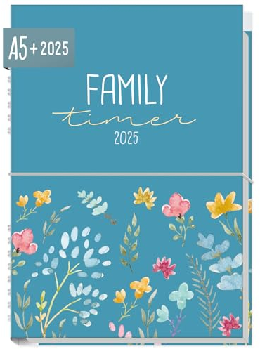 Häfft® Family-Timer 2025 A5+ Happy Flower Familien-Kalender für 4 Personen, Familien-Planer 12 Monate: Jan bis Dez 25 - nachhaltig & klimafreundlich