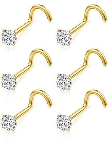 Chriscoco 6 Pièces Piercing Nez Titane G23 Vis 3mm Cubique Zircone CZ Bijoux de Corps Or 18G