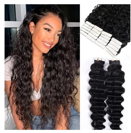 Tape Extension Echthaar Tiefe Wellen-Tape-in-Echthaarverlängerungen for schwarze Frauen, lockige Echthaarverlängerungen, Tape-ins-Erweiterungen, doppelseitiger Hauteinschlagkleber in Remy-Haar Remy Ta