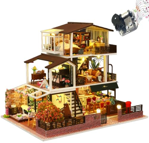 Casa delle bambole in legno in stile europeo, stile vintage, fai da te, kit di costruzione per casa delle bambole BAU, modello 3D, con mobili e carillon, regali creativi per amici (con custodia