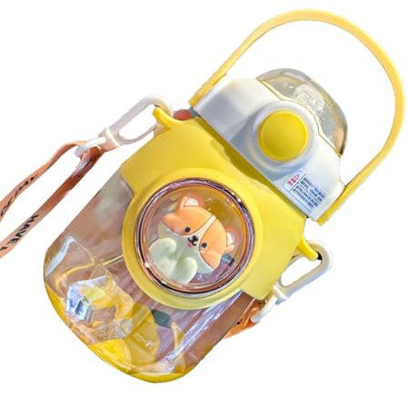 Linda Botella de Agua para Niños de Dibujos Animados con Pajita de 820 Ml de Gran Capacidad para Viajes Escolares, Hecha de Plástico de Primera Calidad (Yellow)