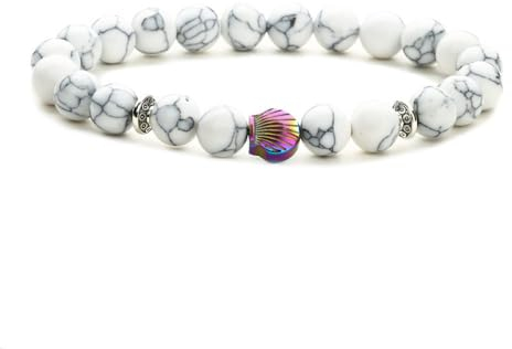 SMTSEC 8mm Naturstein Perlen Armband Weiß Türkisfarbenes Perlen ArmbandUnisex Ozean Thema Modisches Strandarmband für Männer und Frauen Ombré Muschel Stretch Armband