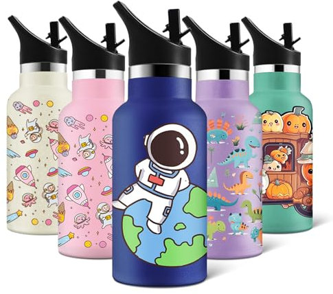 HoneyHolly Trinkflasche Edelstahl, 350ml BPA-frei Trinkflasche, kinder Auslaufsichere, Wasserflasche Vakuum Isolierte, mit Strohhalm Trinkflasche Sport für Fahrrad, Sport, Yoga, Camping, Schule