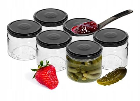 Browin Lot de 6 bocaux en verre bas de 330 ml avec couvercle à visser noir fi 82/6.