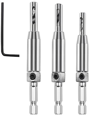 Hinge Drill Bit Guide Set, 3pc Quick Release, 1/4 Hex Shank, Self-Centering, HSS Drill Bits for Woodworking