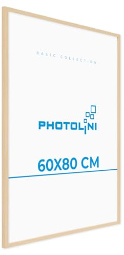PHOTOLINI Bilderrahmen 60x80 Holz Natur aus MDF Poster-Rahmen, bruchsicheres Acrylglas, zum Aufhängen, extra Zubehör - für Fotos & Poster