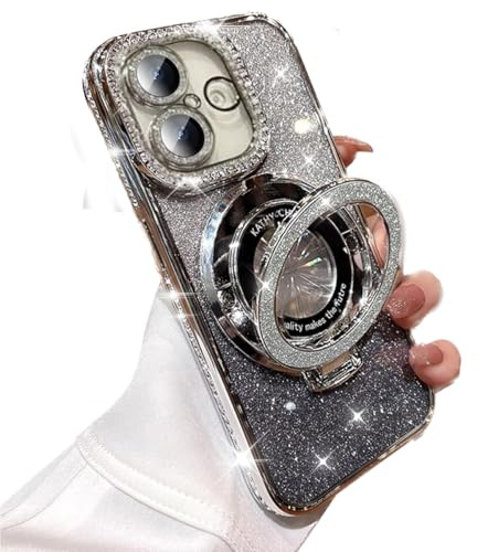 AuroiCCY for iPhone 16 Magnetic Case with Kickstand, Compatible with Magsafe Bling Glitter Diamond Rhinestone Ring Holder Camera Lens Protector Girls Woman Cute Phone Cover for iPhone 16 6.1(Silver)