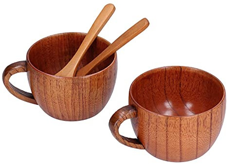 HAOHIZE Holz-Bierkrug, Holz-Trinkbecher, handgefertigt, antike Milchkaffeetasse mit Löffel, Holz-Bierkrug, Humpen, Teetasse für Geburtstagsgeschenk, Zuhause