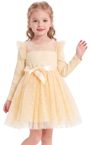 Miipat Fille Robe Tulle Manches Longues Robes Petite Filles Princesse Enfants Jupe à Points de Polka pour Fête Anniversaire Festival de Mariage
