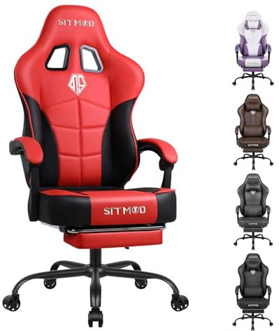 Gaming Chair with Footrest-Video Desk Computer Ergonomic - Big and Tall PC Chair with Headrest Lumbar Support, PU Leather Height Adjustable 360° Swivel Office Chair for Adult-Red