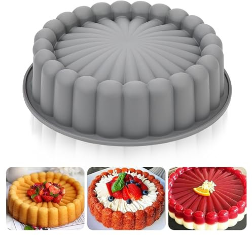 Yesaler Silikon Backform Charlotte Kuchenform Sonnenblume Silikonformen Antihaft Geriffelte Kuchenform für Geburtstagsparty DIY Backwerkzeuge 10 Zoll Grau