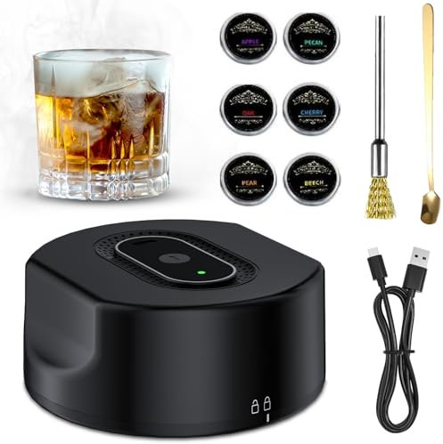 Elektrischer Whisky Smoker Set mit 6 Holzchips - USB-C Wiederaufladbar Flammenfreies Cocktail Smoker Kit, Altmodisches Whisky Räucher Set, Cocktail Räuchergerät Geschenk für Männer, Väter
