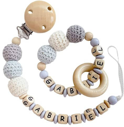2er Set personalisierte gestaltetes Babygeschenk mit Namen für Junge Baby Geschenk personalisiert zur Geburt & Taufe Häkelperlen (Blau Grau)