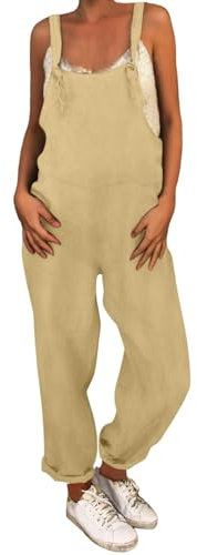 DUHENWU Salopette da donna con spalline, stile retrò, estivo, pantaloni lunghi, larghi, larghi, casual, con tasca, pantaloni harem, elasticizzati, tinta unita, O kaki, M
