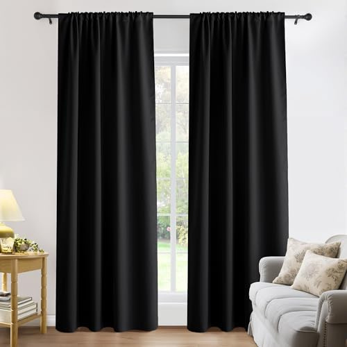 PONY DANCE Black Out Window Curtains - Energy Saving Thermal Insulated Blackout Curtains/Window Coverings Living Room Home Decoration, 52 W x 84 L, Black, 2 PCs