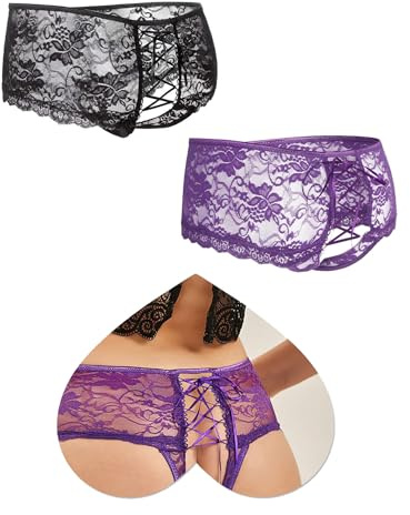 ohyeahlady Perizoma Donna Sexy Hot Aperto Dietro Pizzo Taglie Forti | Slip Donna Con Buco,Tanga Pizzo Trasparente,Mutande Elastico,Nastrini Incrociati Regolabile,Biancheria Intima 1/2/4pz