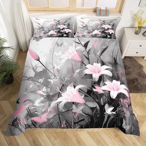 Homemissing Mädchen Lilie Blume Bettwäsche Set 135x200cm Kinder Pink Floral Bettbezug für Jungen Frauen Teens Einfache Moderne abstrakte Kunst Betten Zimmer Dekor