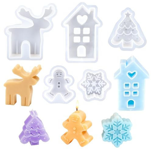 5 Stück Silikonform Weihnachten - Schneeflocken & Häuser & Weihnachtsbäume & Elche & Lebkuchenmänner Silikon Gießformen Set, 3D Kerzenständer Formen für DIY Schmuck Schlüsselanhänger Geschenk