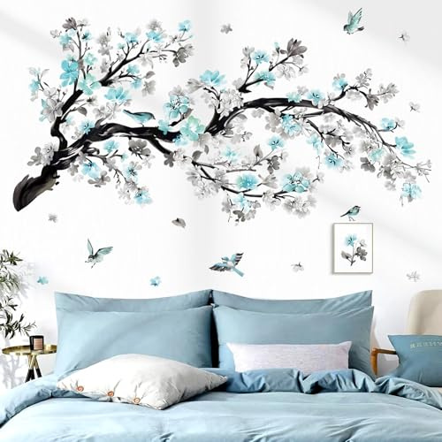 wondever Wandtattoo Blumen Blau Baum Ast Wandaufkleber Blüten Zweig Vögel auf Ast Wandsticker Wanddeko für Wohnzimmer Schlafzimmer Sofa Hintergrund