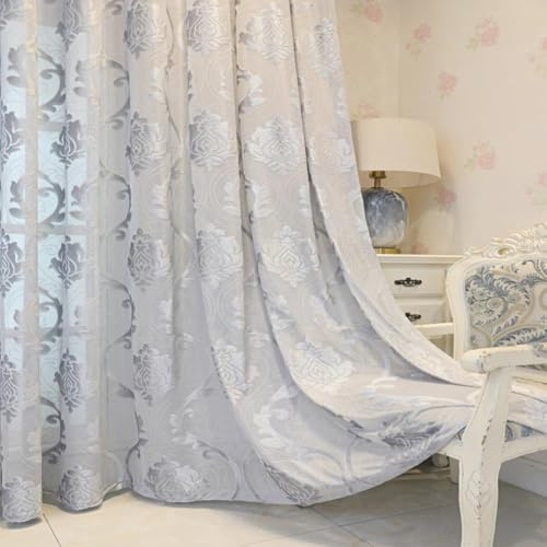 Vintage Gardinen Halbtransparent Ösen 3D Tufted Barock Muster Ösenvorhang | Grau Vorhäng Transparent Lichtdurchlässig Blumenmuster Ösenschals für Schlafzimmer Wohnzimmer 2er Set 140x225cm