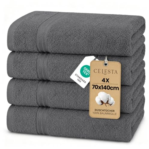 CELESTA Badetücher 70x140 cm, 4er-Set 100% Baumwolle Frottee, Dunkelgrau | OEKO‑TEX zertifiziert, Frottee‑Handtücher aus Baumwolle, weich & saugstark, ideal für Badezimmer, Spa, Gym & Sport