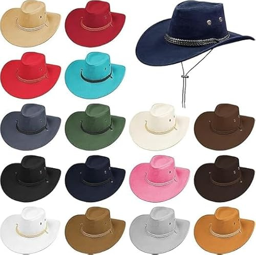 Malloom 16 Stück Westliche Cowboyhüte aus Kunstfilz und Kunstleder, Hut mit Breiter Krempe und Kordel – Klassischer Outdoor-Reisehut für Herren und Damen, Cowgirl-Kostüm