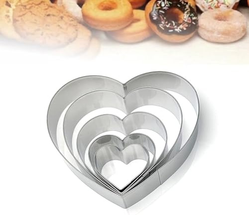 Cyberwork Set di 5 Formine per Biscotti, Stampi per Biscotti in Acciaio,A forma di cuore Formine a Forma in 5 Misure Differenti. 11.5cm, 9.5cm, 7.5cm, 5.5cm, 4cm