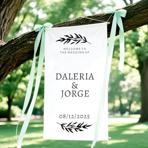 Placas De Bienvenida De Tela De Boda Personalizadas, Cartel De Bienvenida De Boda Moderno Con Nombres Y Fecha, Decoración De Boda De Lino Personalizada(60x200cm)