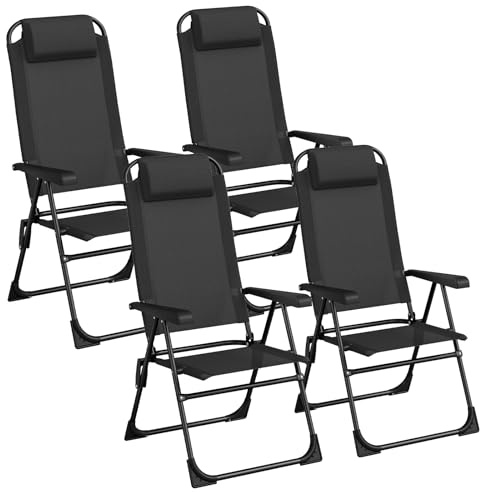 LIFERUN 4er Set Gartenstühle, Klappstühle, Campingstühle mit Kopfstütze, mit 5 verstellbaren Rückenlehnen, Balkonstühle Hochlehne, Outdoor-Stühle für Garten, Terrasse, Camping, Schwarz, 4 PCS