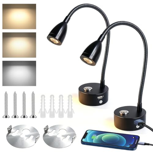 BYZESTY Lampes de Lecture LED 12V camping-car, Lampe LED 12V Caravane,Lampe de Lecture 12V LED, LED lampe de lecture 12V camping 3200K pour camping-cars et caravanes, 3 températures couleur port USB