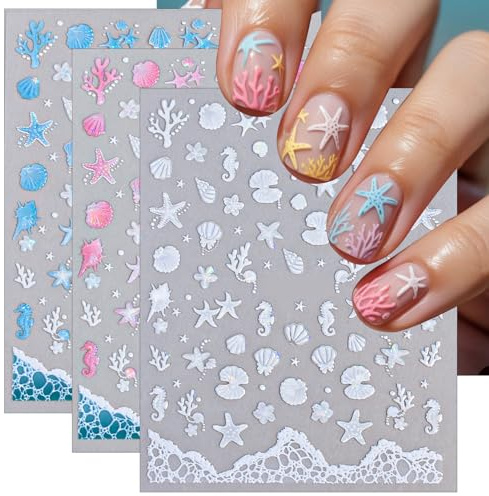 Sommerliche Muschel-Nagelsticker, selbstklebend Ozean-Motiv rosa Muscheln und Seesterne 3 Bögen edles Karton-Set für Damen und Mädchen, DIY-Maniküre-Dekoration