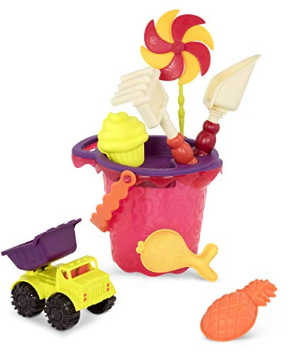 B. toys Sandspielzeug 9 Teile mit Eimer – Sandkasten Spielzeug, Strand, Spielplatz mit Schaufel, Sieb, Sandförmchen, Kipper – Spielzeug ab 18 Monaten