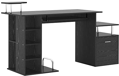 HOMCOM Scrivania per Computer Moderna con Cassetti, Ripiani e Tastiera Estraibile, Scrivania da Ufficio per Casa in Legno Nero 152x60x88cm
