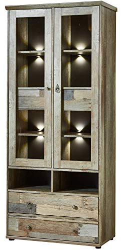 Stella Trading Bonanza Vintage Vitrine in Driftwood Optik - ausdrucksstarke Retro Glasvitrine inkl. LED Beleuchtung - 83 x 188 x 39 cm (B/H/T)