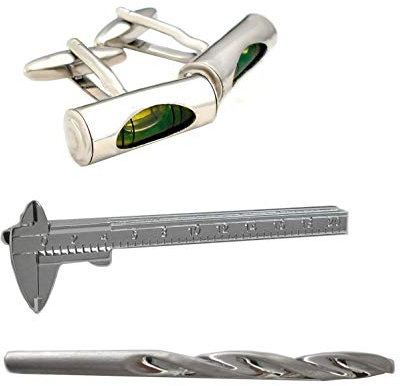 magdalena r. Set Wasserwaage Manschettenknöpfe Krawattennadeln Schieblehre Bohrer + Geschenkboxen